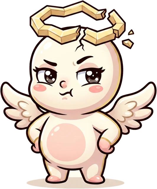 Halo, a grumpy angel with a cracked halo, hands on hips